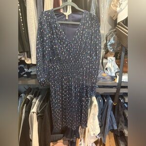 Rebecca Taylor Navy V-Neck Long Sleeve Dress with Multicolor Dot Print